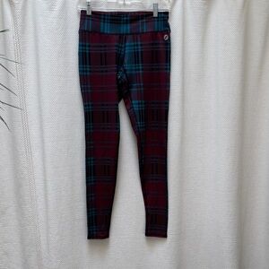 Stylish Plaid Tartan Leggings in Burgundy and Teal